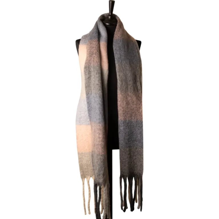 Jess & Lou - Grey Pink & Blue Checked Chunky Winter Scarf