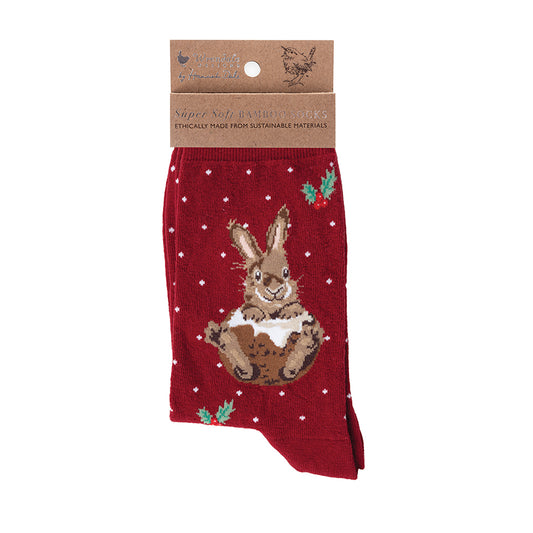 Wrendale Designs - 'Little Pudding' Rabbit Christmas Socks - Red